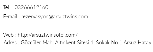 Arsuz Twins Otel telefon numaralar, faks, e-mail, posta adresi ve iletiim bilgileri